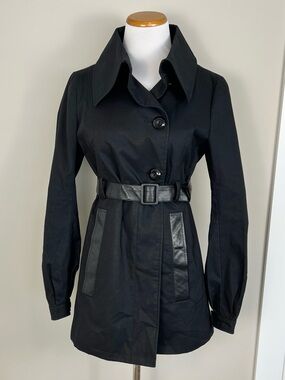 Mackage Black Belted Trench Coat with Leather Trim
